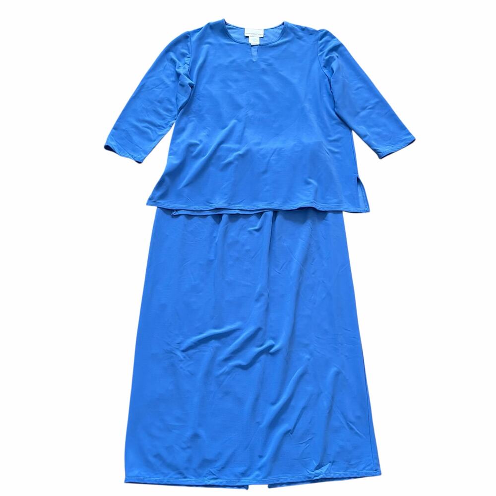 Susan Graver Liquid Knit Set XL Blue 3/4 Sleeve Top Maxi Skirt Lagenlook Modest
